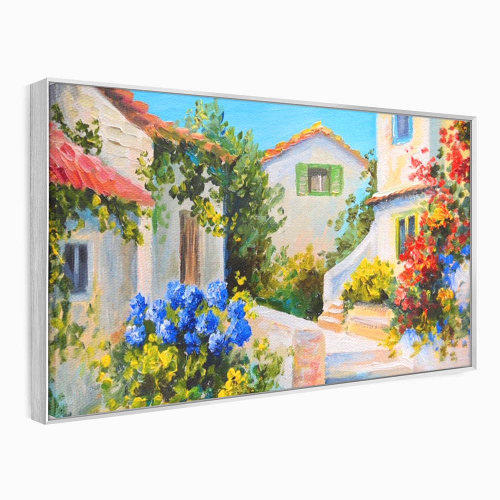 Tablou canvas cu pictura peisaj mediteranean cu case, in rama de aluminiu argintiu